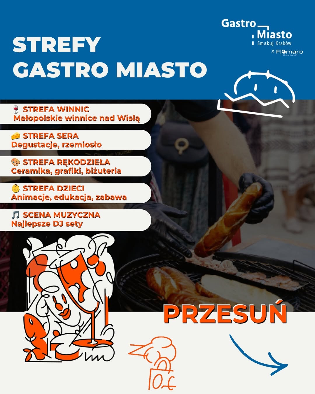 Plansza: Strefy Gastro Miasto — winnice, sery, rękodzieło, strefa dzieci, scena muzyczna